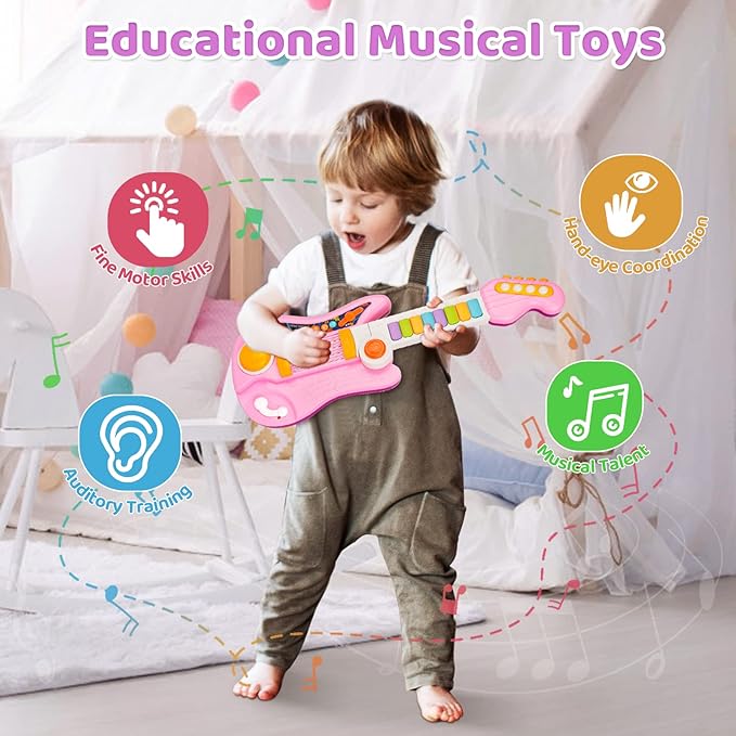 Kids Guitar 2 in 1 Musical Instruments for Kid - Fun Piano Toddler Toy & Electric Guitars | Explore Creativity | Unleash Child?™s Talent, Music Toys for 2-4 Year Old Boys & Girls (Pink)