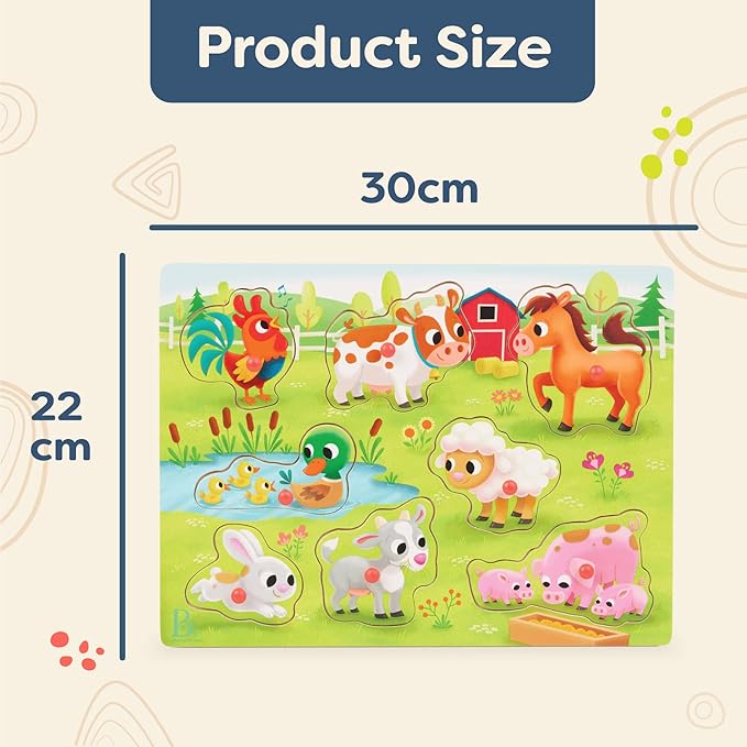 B. toys – Peek & Explore – Farm Animals – Wooden Peg Puzzle – Farm Puzzle for Toddlers, Kids – 8 Farm Animal Pieces – Cow, Horse, Sheep & More – 2+ Years