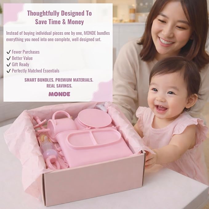 MONDE 25PCS Ultimate Silicone Baby Feeding Set, Complete Mealtime Baby-Led Weaning Essentials From Infant To Toddler, Bib, Smock, Sippy Cup, Dry Wet Bag, Placemat, Perfect Premium Gift Set (Pink)
