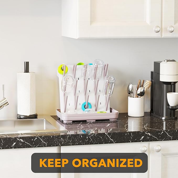 SpaceAid Baby Bottle Drying Rack with 20 Hooks, Space Saving Kitchen Bottles Rack Dryer, Vertical Baby Bottle Holder Organizer for Countertop Storage Accessories (White and Taupe)