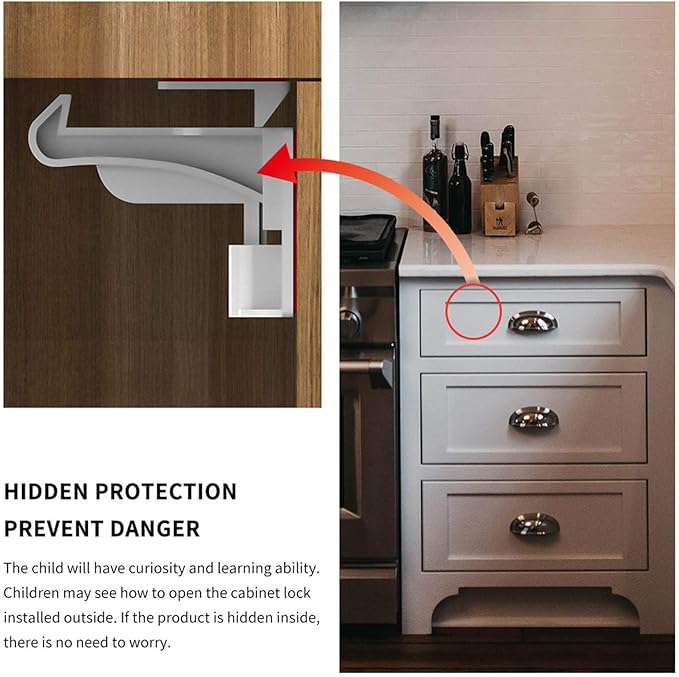 15 Pack Upgraded Invisible Baby Proofing Cabinet Latch Locks ??No Drilling or Tools Required, Strong Adhesive, Works with Countertop Overhangs, Secure Child Safety Locks for Cabinets & Drawers