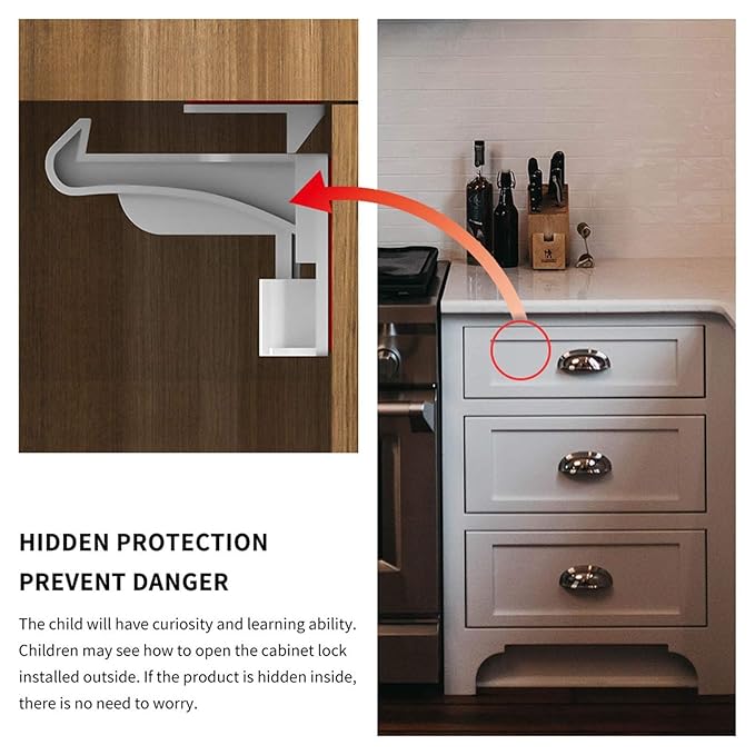 8 Pack Upgraded Invisible Baby Proofing Cabinet Latch Locks – No Drilling or Tools Required, Strong Adhesive, Works with Countertop Overhangs, Secure Child Safety Locks for Cabinets & Drawers