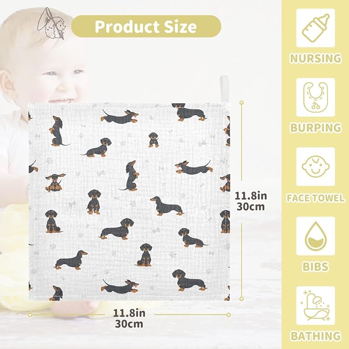 vvfelixl Baby Cotton Washcloths Black Dachshund Infants Bath Towel for Unisex Face Towels for Newborn, Natural Baby Wipes Delicate Skin, 11.8 X 11.8 inch, one sizex3
