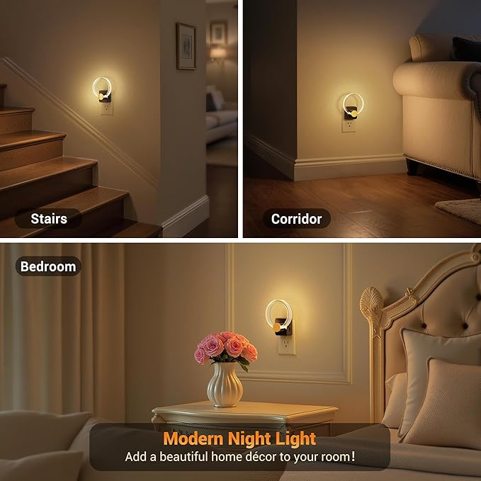 JandCase Night Light, Night Lights Plug into Wall, 2 Pack Dimmable Nightlight with Dusk to Dawn Sensor, 180° Rotatable Round Plug in Nightlights, LED Circle Acrylic Night Light for Bathroom Kids Gifts
