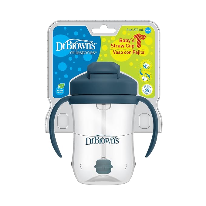 Dr. Brown's Milestones Baby's First Straw Cup, Training Cup with Weighted Straw, 9 oz/270 mL, BPA-free, 6m+, Dark Blue/Olive Green, 2-Pack