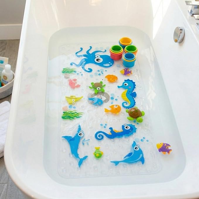 Cute Cartoon Non-Slip Bath Mat for Tub - Anti-Slip Kids Bathtub Mat, Slip-Resistant Shower Mat for Bathroom Safety, 35 X 15.3 Inch, Easy to Clean (Blue Ocean)