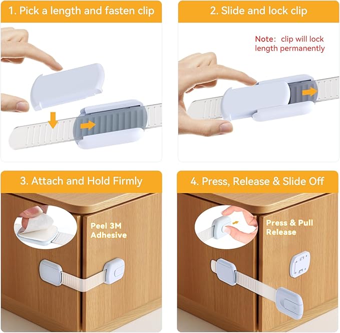 10-Pack Child Safety Cabinet Locks，Adjustable No Drilling Baby Proofing Strap Latches for Drawers,Cupboard,Cabinets,Fridge,Toilet Seat,Door,Closet?“No Tool Easy 3M Adhesive Installation