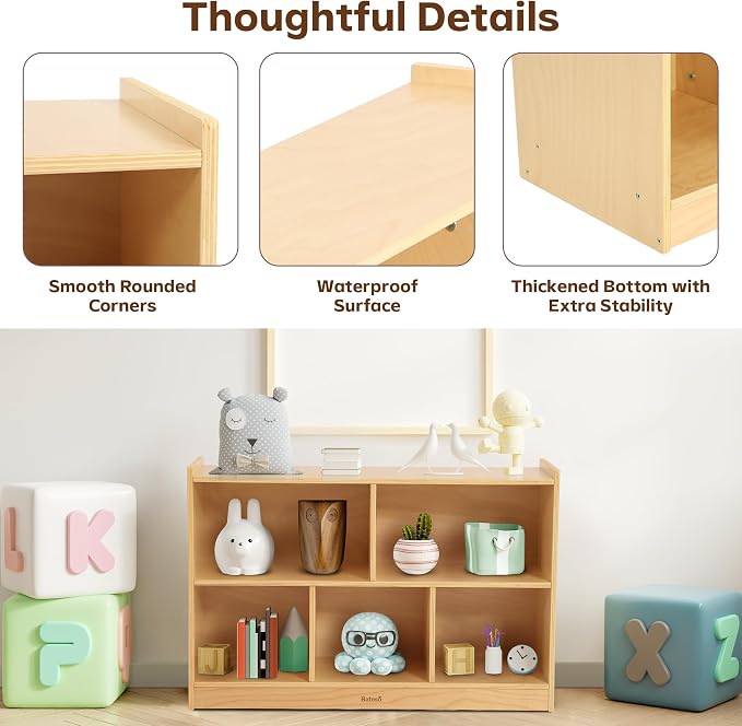 Bateso Toy Storage Organizer for Kids Room, Wooden Kids Bookshelf for Classroom, Cube Storage Organizer for Playroom, 5-Section Montessori Bookshelf & Toy Shelf for Nursery