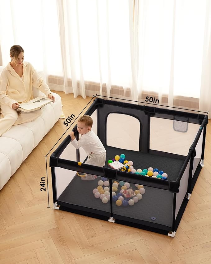 dearlomum Baby Playpen with Non Removable Mat, Extra Large Play Yard for Babies & Toddlers, Portable Travel Playpen, Baby Activity Center for Indoor & Outdoor Use (Black 50"×50")