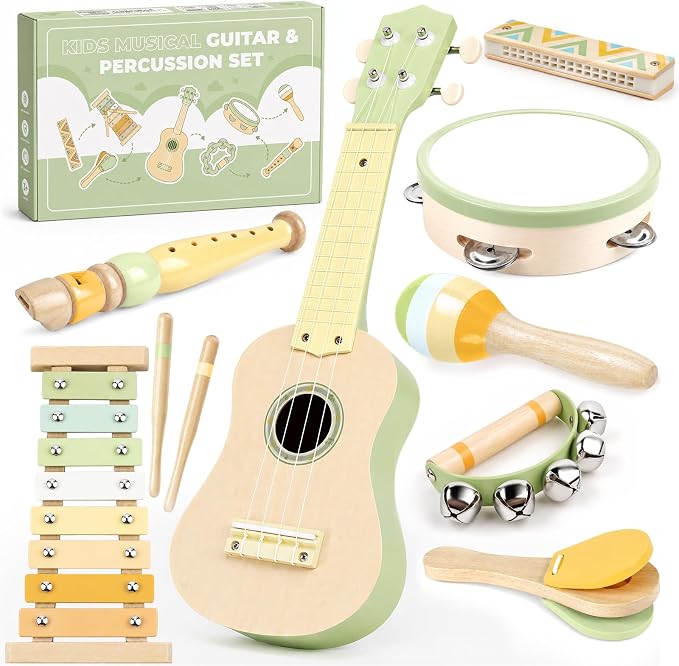 Kids Guitar Set - 8 in 1 Toddler Musical Instruments, Montessori Wooden Baby Ukulele Xylophone Tambourine Maracas Flute, Toy Guitar for Toddler 1-3, Mini Guitar Set Birthday Gift Boys Girls (Neutral)