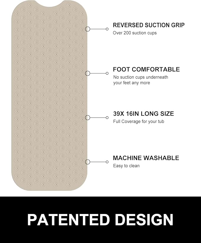 OTHWAY No Suction Cup Bath Mat: 39x16inch Extra Long Bathmat?‚Perfect for Refinished Bathtub Mat?‚Made of Nature Rubber?‚a Blessing for The Elderly and Children (Brown)