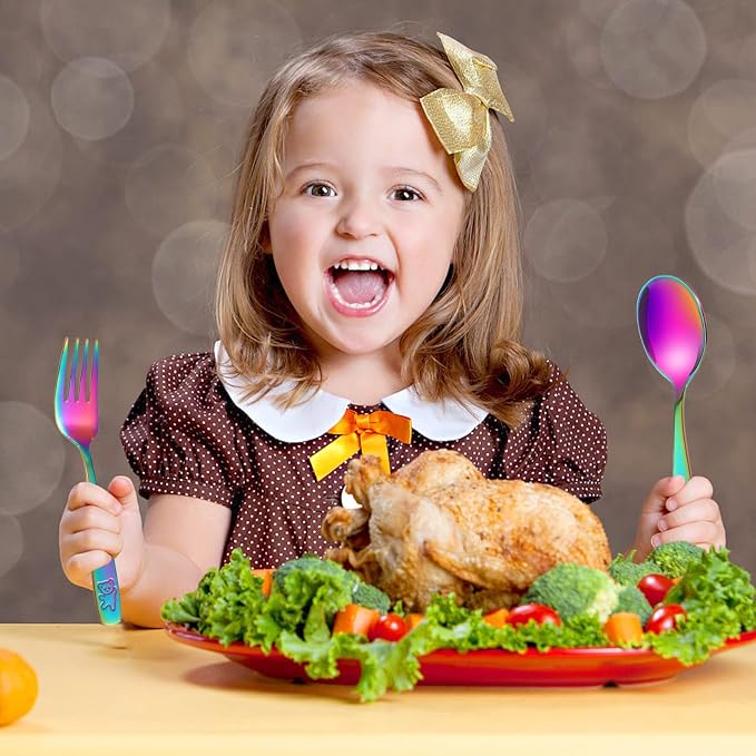 Pimoys 6 Pieces Toddler Utensils Kids Rainbow Silverware Stainless Steel Toddler Forks and Spoons Set, Metal Childrens Safe Flatware Child Cutlery Set, Dishwasher Safe