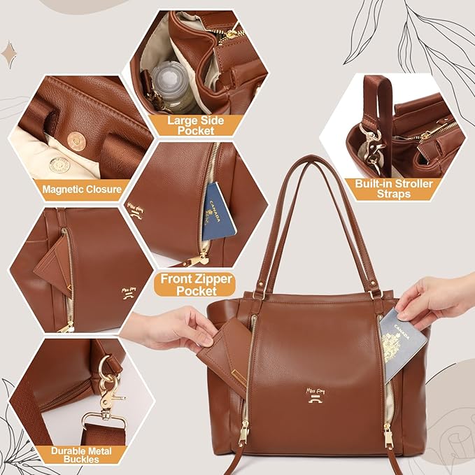miss fong Diaper Bag Tote Leather Diaper Bag Backpack, Large Capacity Mommy Bag Hospital Bag, 12 Pockets Travel Diaper Tote with Changing Pad Pañaleras Para Bebe for Mom & Dad-Brown | Large Capacity, Mommy Bag, Hospital Bag, 12 Pockets, Travel Diaper T...