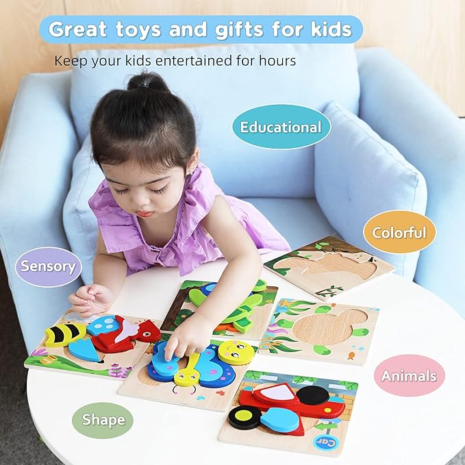 Magifire Wooden Puzzles, Set of 6 Puzzle Toys for Kids Toddlers 1–3, Baby Educational Animal Toys with Chunky Pieces & Bag - Butterfly, Bee, Woodpecker, Bear, Car, Turtle