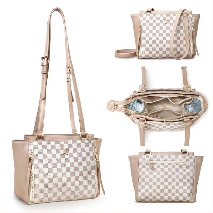 miss fong Checkered Small Diaper Bag Crossbody Diaper Bags, Diaper Bag Purse, Diaper Clutch Crossbody Bag leather Crossbody Bags for Women-Beige&honey