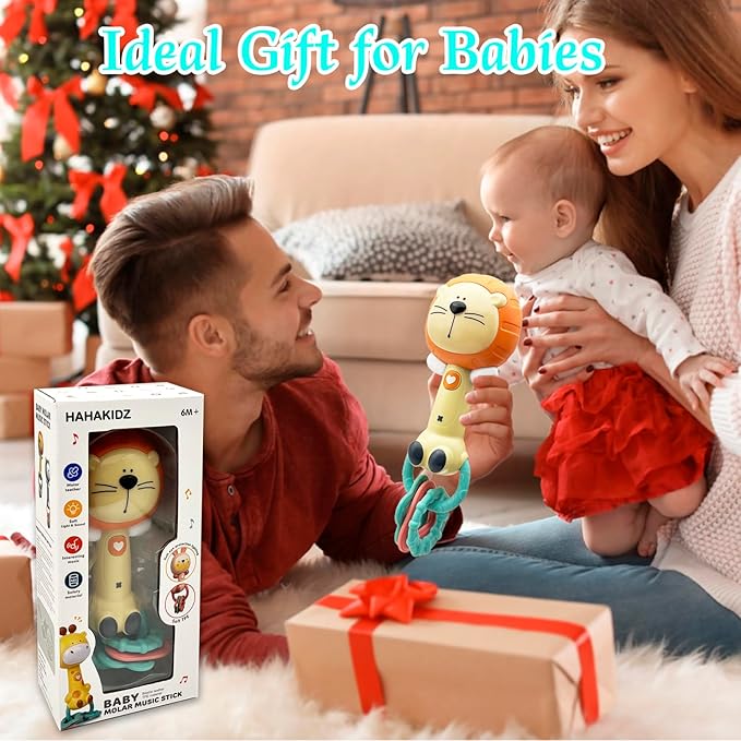 Cute Lion Baby Musical Rattle Toy 6-12-18 Months, Light-Up Teether & Sensory Chew Rubber 1st Birthday Gift for 1+ Year Old Boys Girls (Lion)