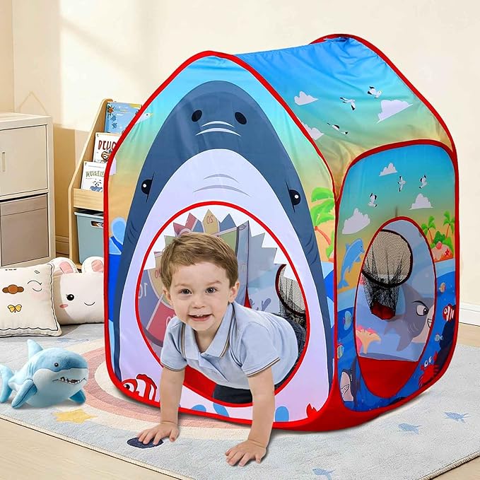 Shark Kid Play Tent Pop up Tent Play Tunnel Indoor and Outdoor Playhouse for Kid Beanbag Toss Game for Team Competition for boy with Tote Bag（Shark）