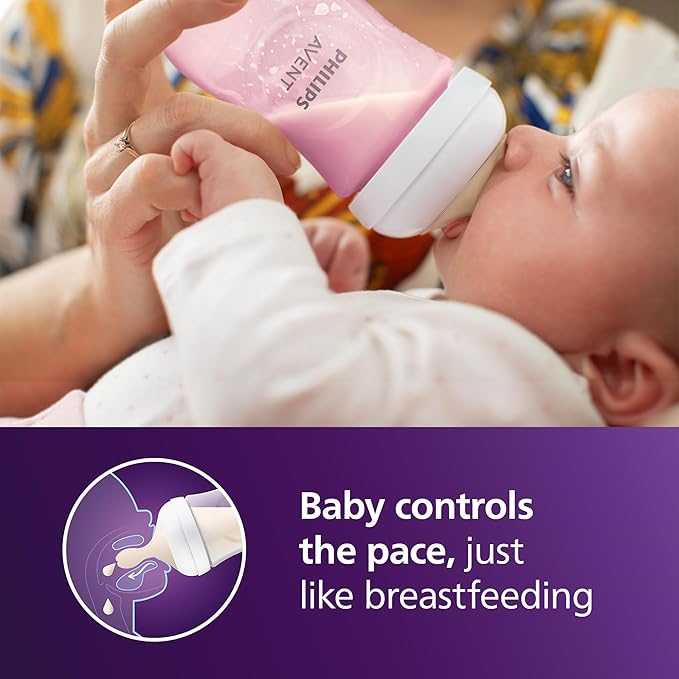 Philips Avent Natural Baby Bottles with Natural Response Nipples (Medium Flow, Flow 3), 9oz, Pink, 4-Pack, SCY903/14