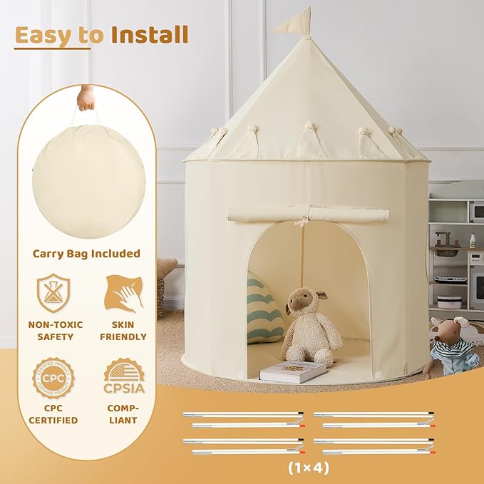 Golden Beige Kids Tent: Pop up Kids Play Tent Made by Peachskin Fabric - Toddler House for Indoor & Outdoor - Great Princess Castle for Baby