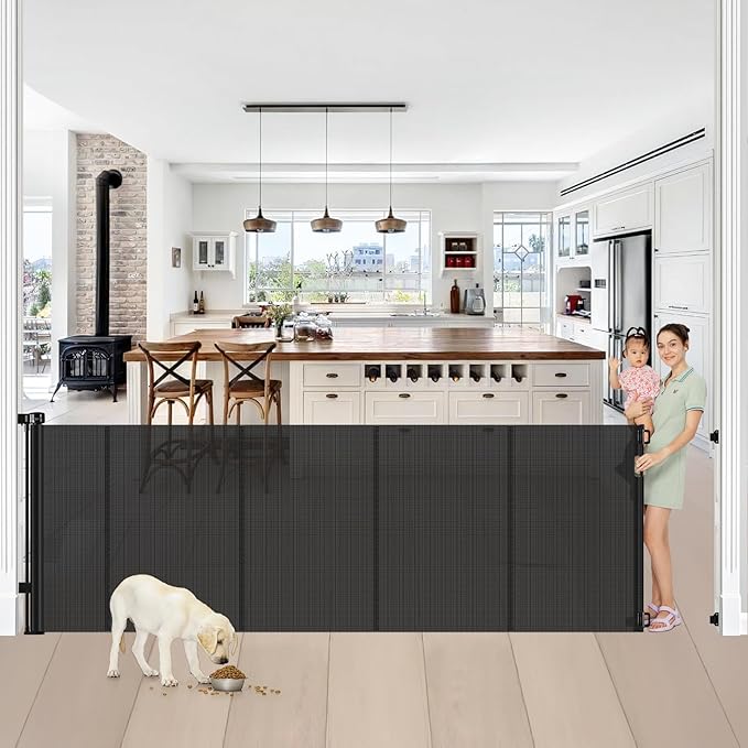 Reinforced 42??Tall x 100??Extra Wide Retractable Baby Gates for Doorways Extra Tall Pet Gate with Rods to Prevent Crawling Through, Dog Gate for Large Openings Extra Long Mesh Gate, Black