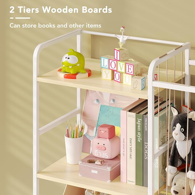 BBLIKE Kids Bookshelf and Toy Storage Organizer, Stuffed Animal Storage Holder with Fabric Toy Chest, 2-Tier Toddler Book Shelf for Kids Room, Playroom, Nursery, Beige