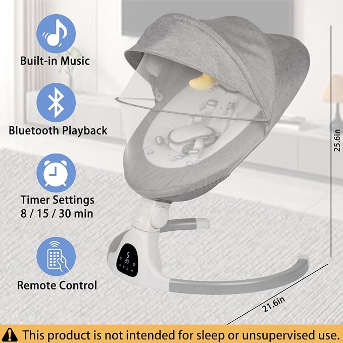 Electric Baby Swing for Infants, 5-Speed Adjustable Swing with Bluetooth Music, Timer, 5-Point Harness and Stable Base for Supervised Daytime Use (Light Grey)