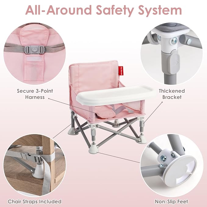 Tiny Marvels Portable Booster Seat, Foldable Baby High Chair with Removable Tray, Safety Harness & Carry Bag – for Toddlers Ages 6M-3Y, Ideal for Dining, Travel, Camping & Family Time