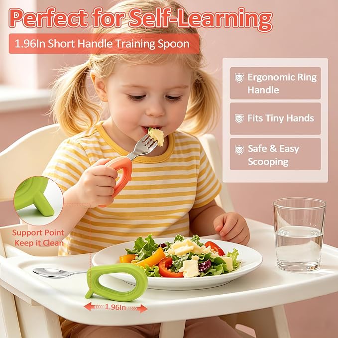 Toddler Utensils Set, 4PCS Stainless Steel Forks & Spoon with Silicone Handle, Self Feeding Training Baby Spoons, BPA-Free Anti-Choke, with 2 PCS Portable Travel Cases, Dishwasher Safe