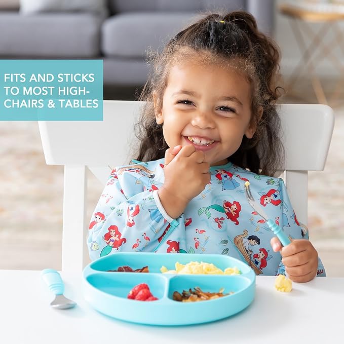 Bumkins Toddler and Baby Suction Plate, Silicone Divided Grip Dish for Babies and Kids, Baby Led Weaning, Children Feeding Supplies, Non Skid Bottom, Platinum Silicone, 6 Months Up, Gray and Blue