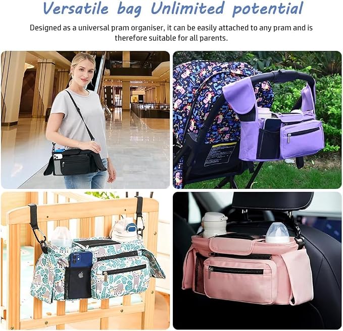 Baby Stroller Organizer, Universal Stroller Organizer with Detachable Phone Bag, Stroller Caddy with 2 Insulated Cup Holders, Buggy Organizer Bag with 2 Hooks Fits Most Strollers (Purple)
