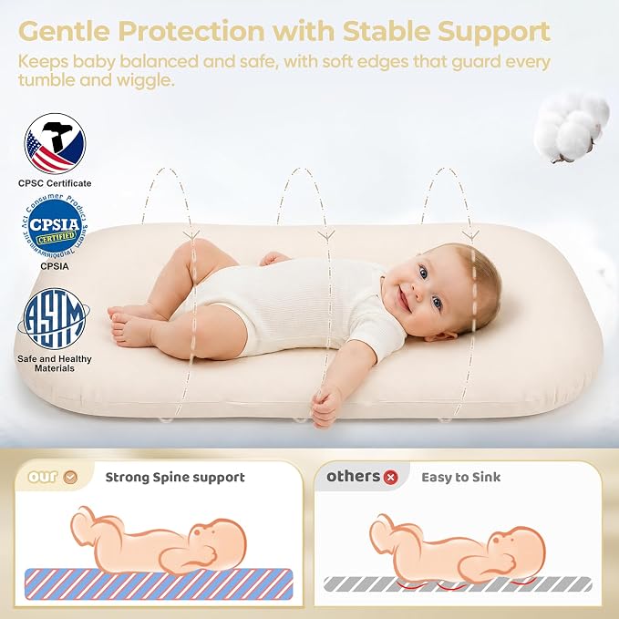 Infant Support Cushion - Baby Support Cushion for Newborn, 0-24 Months, Breathable Cotton Tummy Time Mat, Supervised Use, Portable Newborn Essentials for Home and Travel, Cream (Cover Included)