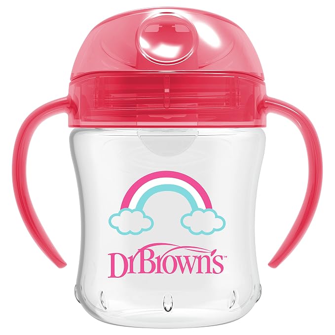 Dr. Brown’s Milestones Baby’s First Straw Cup, Training Cup with Weighted Straw, Coral, 6m+ & Transition Sippy Cup with Soft Spout - Pink - 6oz - 6m+