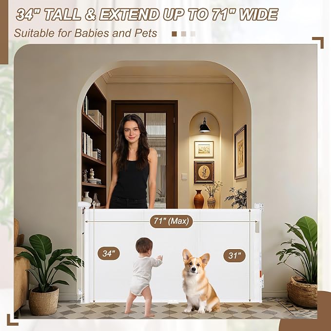 Reinforced 71" Wide Retractable Gate with Reinforced Strips, Indoor/Outdoor Retractable Dog Gate for Doorway Prevent Bottom Drilling Through, Safety Mesh Gate, White