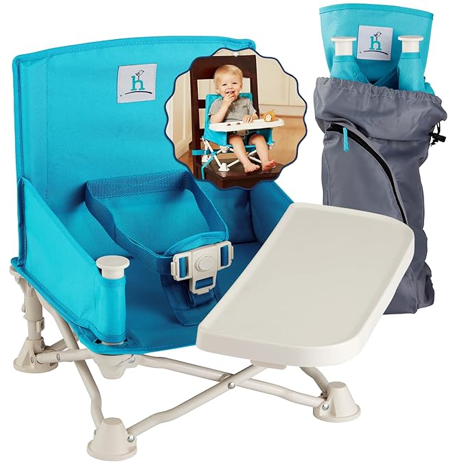 Hiccapop OmniBoost Travel Booster Seat with Tray for Baby | Folding Portable Seat for Dining Table, Camping, Beach, Grandma?™s | Tip-Free Design Straps to Kitchen Chairs