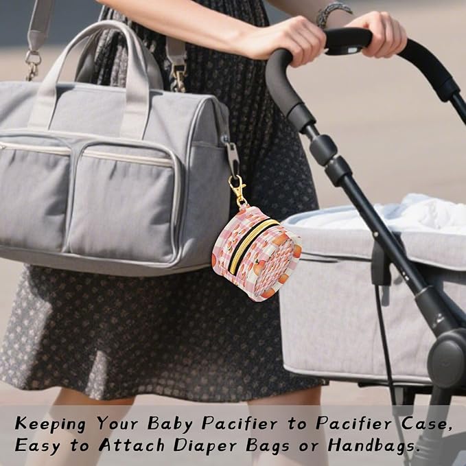 Pacifier Holder with Clip Pacifier Case for Diaper Bag Round Baby Pacifier Pouch Box Bag Portable Pink Checkered Peach