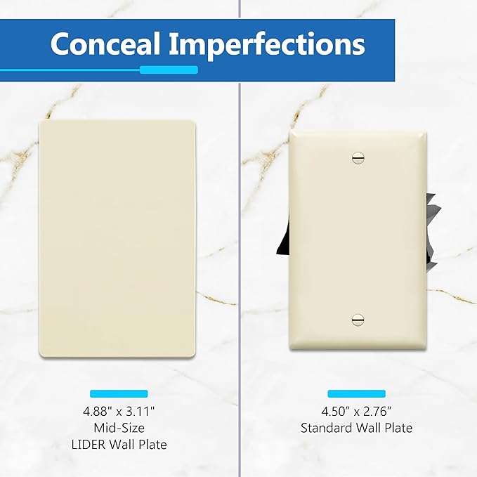 LIDER Blank Wall Plate, Temperature and Impact Resistant, UL Listed, Polycarbonate Thermoplastic, Screwless Design, Matte Finish, Modern Upgrade, Midsize, 1-Gang, 4.88??x 3.11?? Light Almond, 10 Pack