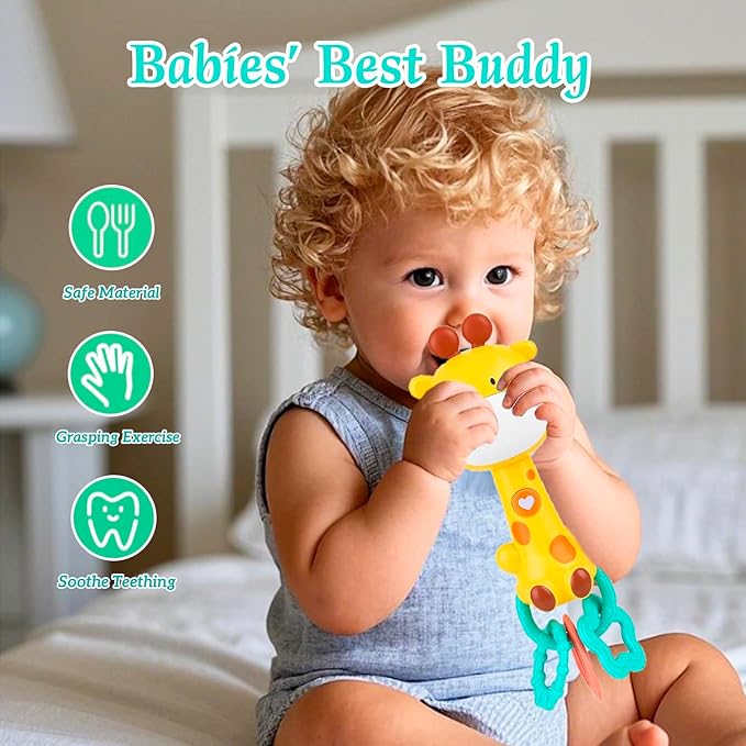 Cute Giraffe Baby Musical Rattle Toy 6-12-18 Months, Light-Up Teether & Sensory Chew Rubber 1st Birthday Gift for 1+ Year Old Boys Girls (Giraffe)