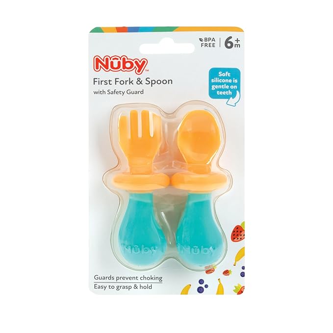 Nuby First Fork and Spoon Set - Utensils with Safety Guards for Babies 6+ Months - Orange and Aqua