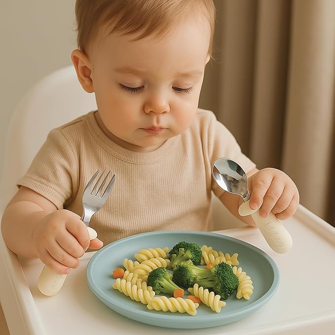 Lulyboo Baby Silverware Set - Self-Feeding Toddler Fork & Spoon with Easy-Grip Handles, Stainless Steel, BPA-Free, Dishwasher Safe, Perfect for 4+ Months (Ivory)