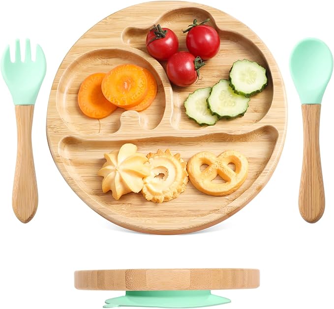let's make Suction Plates for Baby & Toddler, Bamboo Divided Platter Feeding Dishes with Silicone Fork& Spoon, All-Natural Baby Food Plate Stays for Baby-Led Weaning, Non-Slip Design