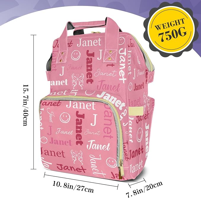 Custom Diaper Bag with Name Personalized Multifunctional Mommy Backpack for Daughter Granddaughter, Pink Daypack Bag for Travel