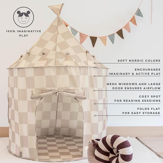 3 Sprouts Kids Play Tent - Sustainable Recycled Fabric ??Fun Spacious Childs Playhouse for Indoor Games for Boys & Girls - Durable Fort Pop Up House for Toddlers & Children Age 3-10 - Checkered Beige