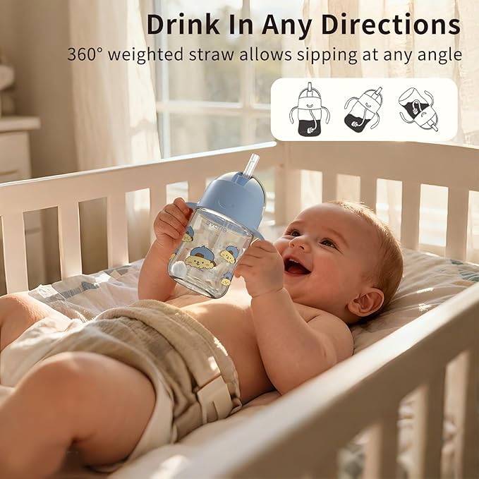 Evorie Tritan Weighted Straw Sippy Cup with Handles for Baby and Toddlers, Spill Proof Baby Water Bottle with Straw for 6 months and up, 7 Oz, Infant Training Water Bottle (Puppy Blue)