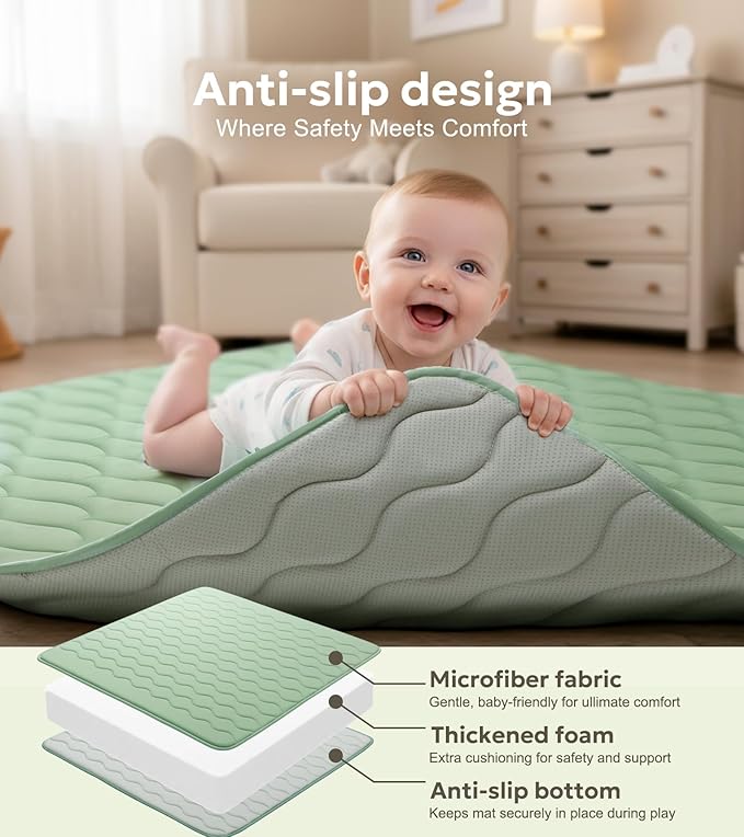 Mallify Baby Play Mat 50"x50", Non-Slip Baby Mat for Floor, Soft Thicker Playpen Mat, Portable Playmat, Crawling Mat for Infants, Babies, Toddlers, Activity Mat, Green
