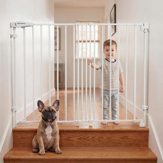 Mumeasy 36" Tall Baby Gate for Stairs, 29.5-43.3" Expandable Hardware Mounted (Drill Needed), Removable No Bottom Bar Dog Gate, Auto Close Wide Walk Thru Safety Gate for Doorways, Pets& Toddlers,White