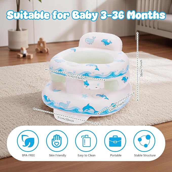 Inflatable Baby Seat for Babies 3-36 Months,Baby Floor Chair with Built in Air Pump,Infant Back Support Seat for Sitting & Learning to Sit (Blue Dolphin)