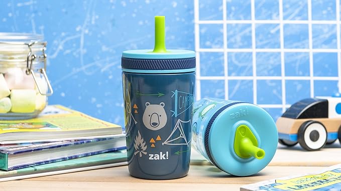 Zak Designs Campout and Camping Kelso Tumbler Set, Leak-Proof Screw-On Lid with Straw, Bundle for Kids Includes Plastic and Stainless Steel Cups with Bonus Sipper, 3pc Set, Non-BPA
