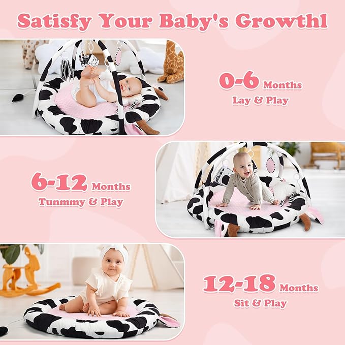 Pink Cow Baby Play Gym & Tummy Time Mat with 6 Sensory Toys - Extra Large Thick Soft Floor Play Mat for Newborn Infants 0-12 Months - Nursery Essential Gift