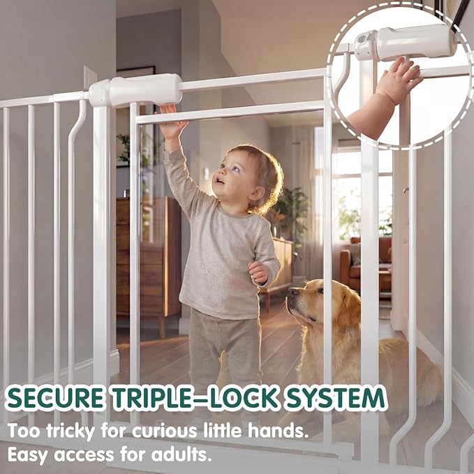 Triple-Lock Acrylic Baby Gate 29.5"-38.5", Crystal Clear Transparent Pet Gate for Dogs, Heavy Duty Metal Gate for Doorways, Pressure Mount Child Safety Barrier, Auto Close, White
