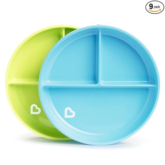 Munchkin Stay Put Suction Plates for Baby and Toddler,3 Divided Sections,Blue/Green,(Pack of 9)